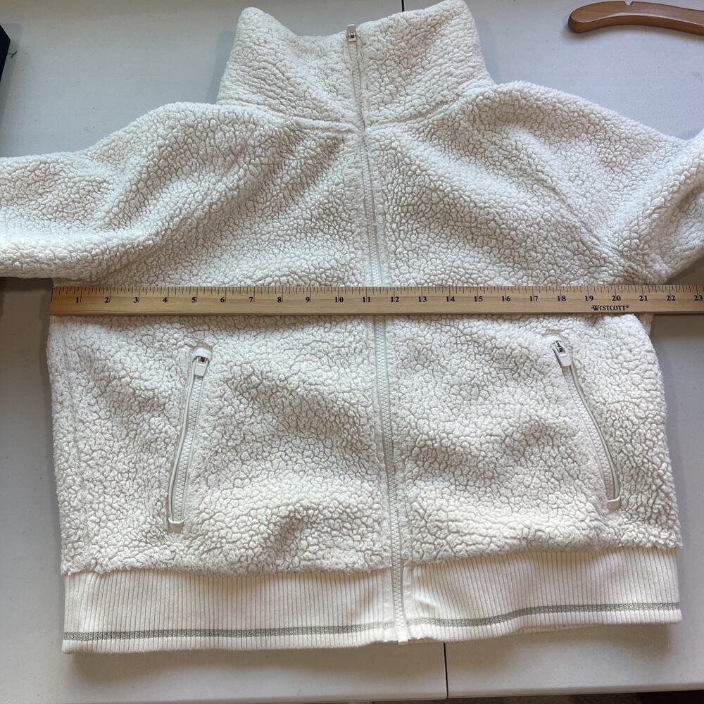 Athleta Women L Crop Sherpa Teddy Jacket Full Zip Mock Neck Cream Thumb Holes - Picture 6 of 10